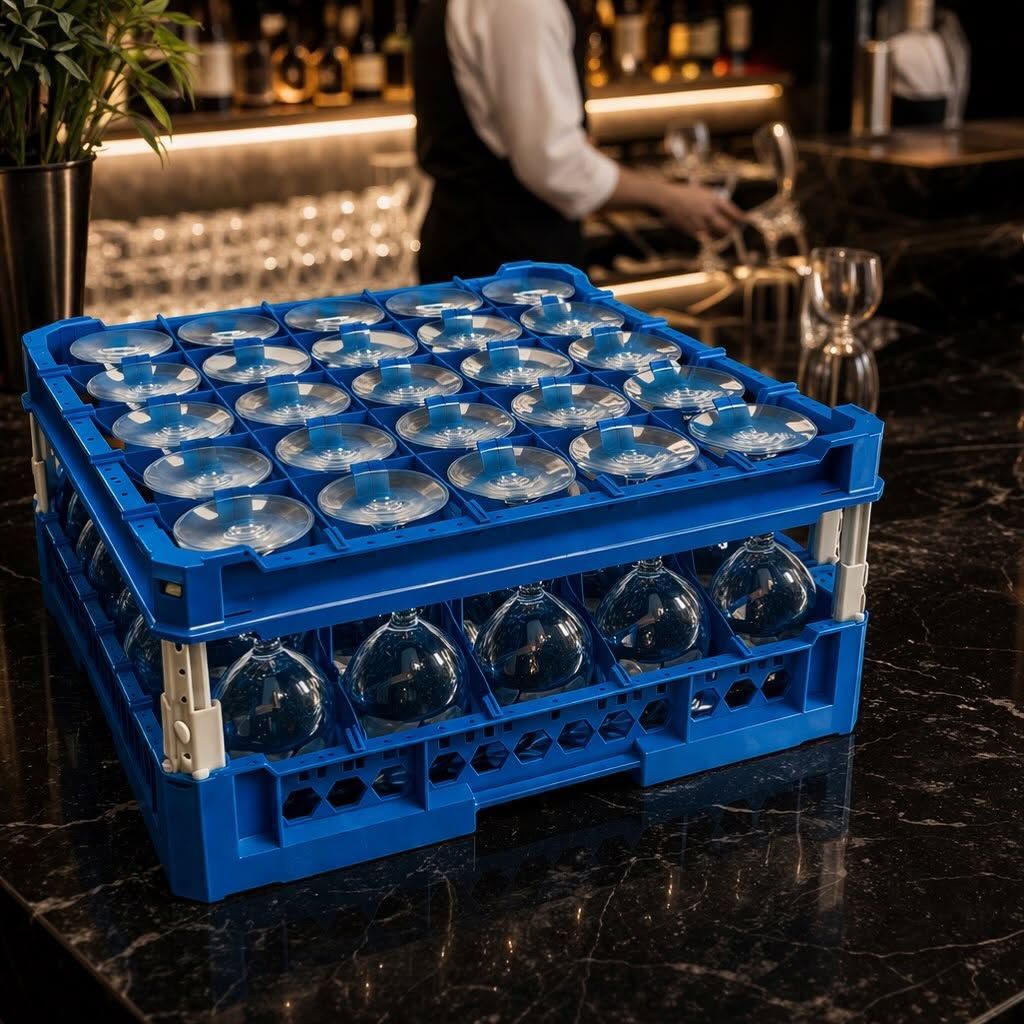 Una cassa di plastica blu piena di bicchieri pieni di ghiaccio sul bancone di un bar, con un barista sfocato sullo sfondo.
