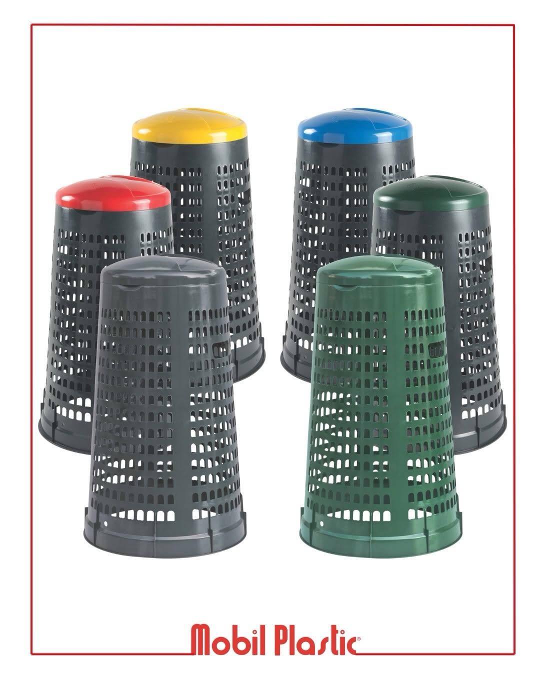 Cinque cestini per rifiuti in plastica perforata con coperchi colorati: rosso, giallo, blu, grigio e verde, marca Mobil Plastic