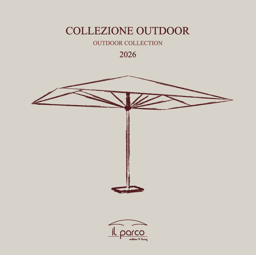 Poster della collezione Outdoor 2026 con schizzo di un ombrellone da giardino color bordeaux su sfondo beige e logo del marchio sottostante.