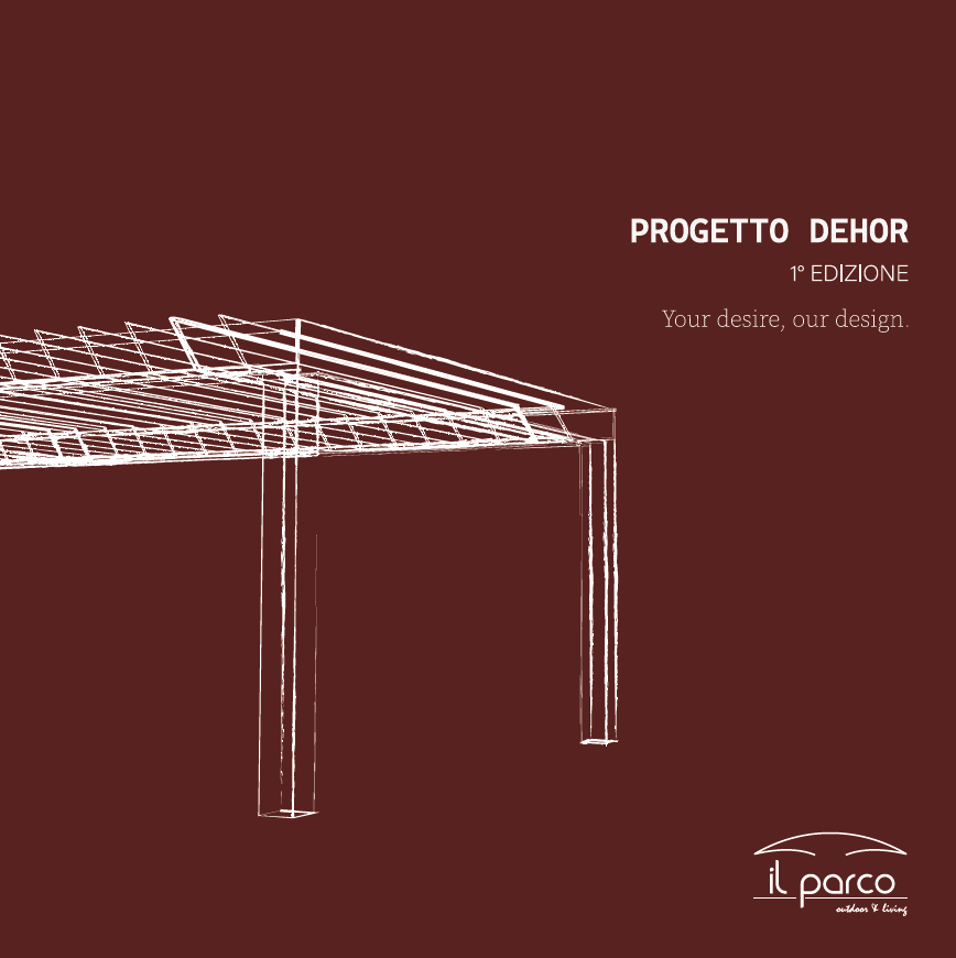 Grafica promozionale marrone di una pergola con struttura in filo metallico, etichettata “PROGETTO DEHOR” con il logo Il Parco.