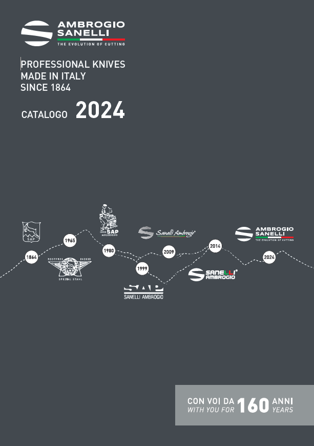 Copertina del catalogo Ambrogio Sanelli 2024, grigio scuro con logo bianco e icone dei prodotti al centro.