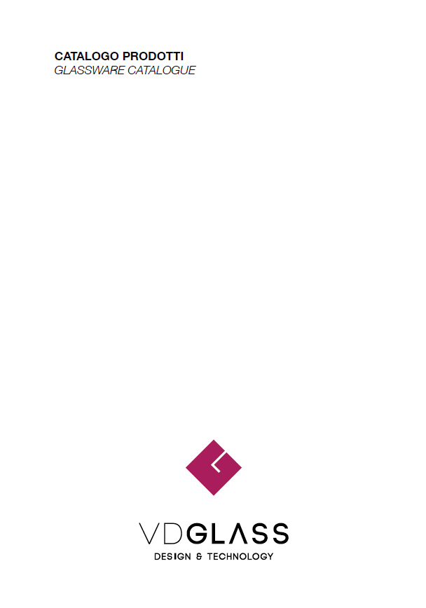 Copertina del catalogo VDGLASS con sfondo bianco, logo magenta e piccolo testo in italiano in alto a sinistra.