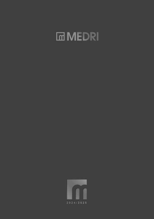 Schermo grigio scuro con il logo MEDRI vicino alla parte superiore e un piccolo logo stilizzato a forma di