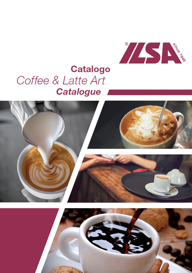 Copertina del catalogo ILSA Coffee & Latte Art con foto di caffè e latte art nei toni del bordeaux, del bianco e del marrone.