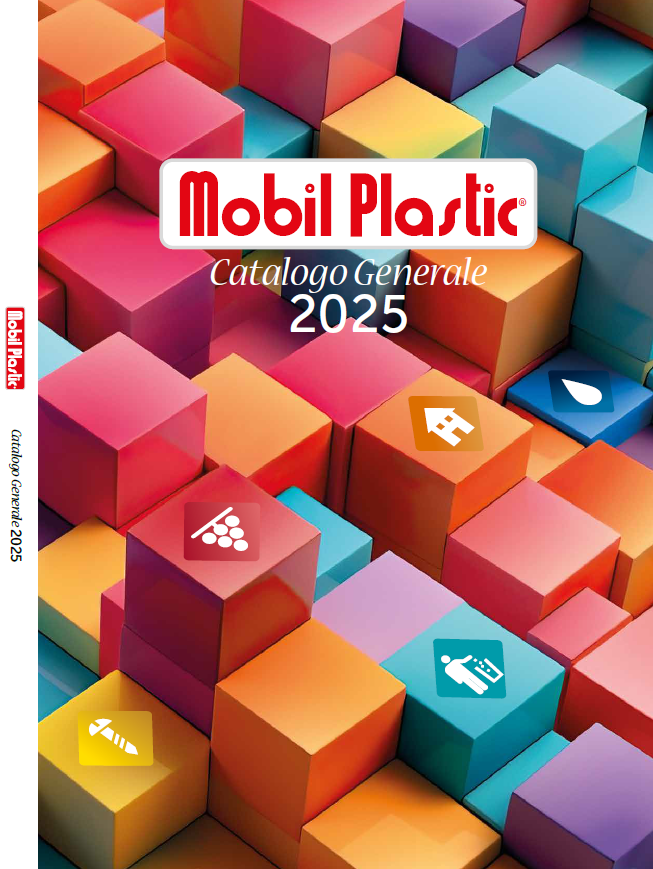 Copertina del catalogo Mobil Plastik 2025 con cubi 3D colorati e icone geometriche.