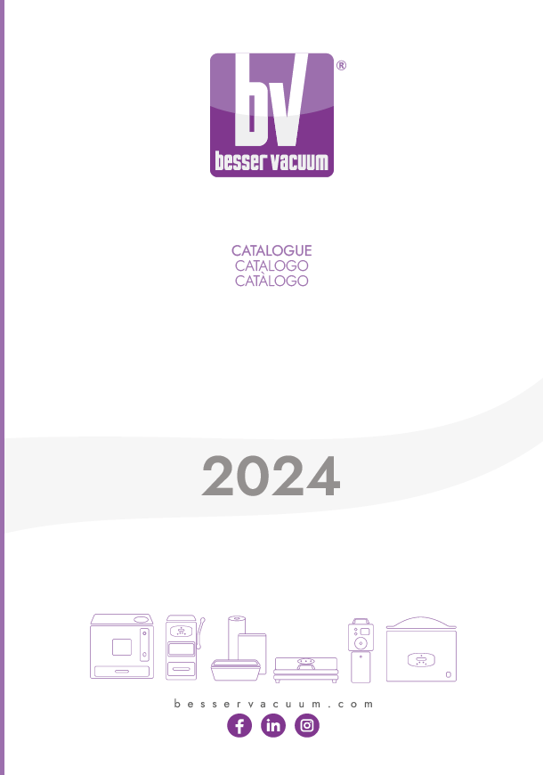 Copertina bianca del catalogo 2024 con logo BV viola e disegni minimalisti di elettrodomestici.