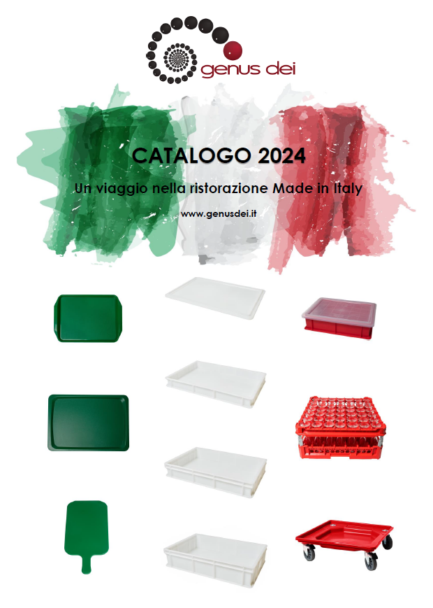 Catalogo 2024 per il viaggio nella ristorazione Moderna in Italy, con foto di vassoi e contenitori cucina verde e rossi