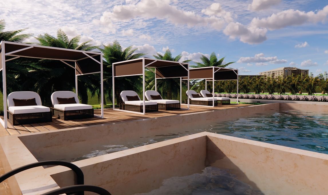 Lettini a bordo piscina sotto ombrelloni bianchi, accanto a una piscina blu e palme.