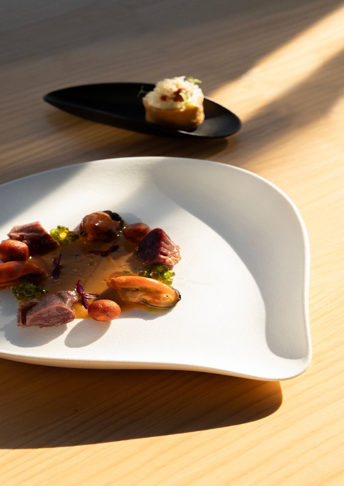 Due piatti da dessert gourmet su un tavolo illuminato dal sole, uno nero e uno bianco, con guarnizioni di frutta e panna.