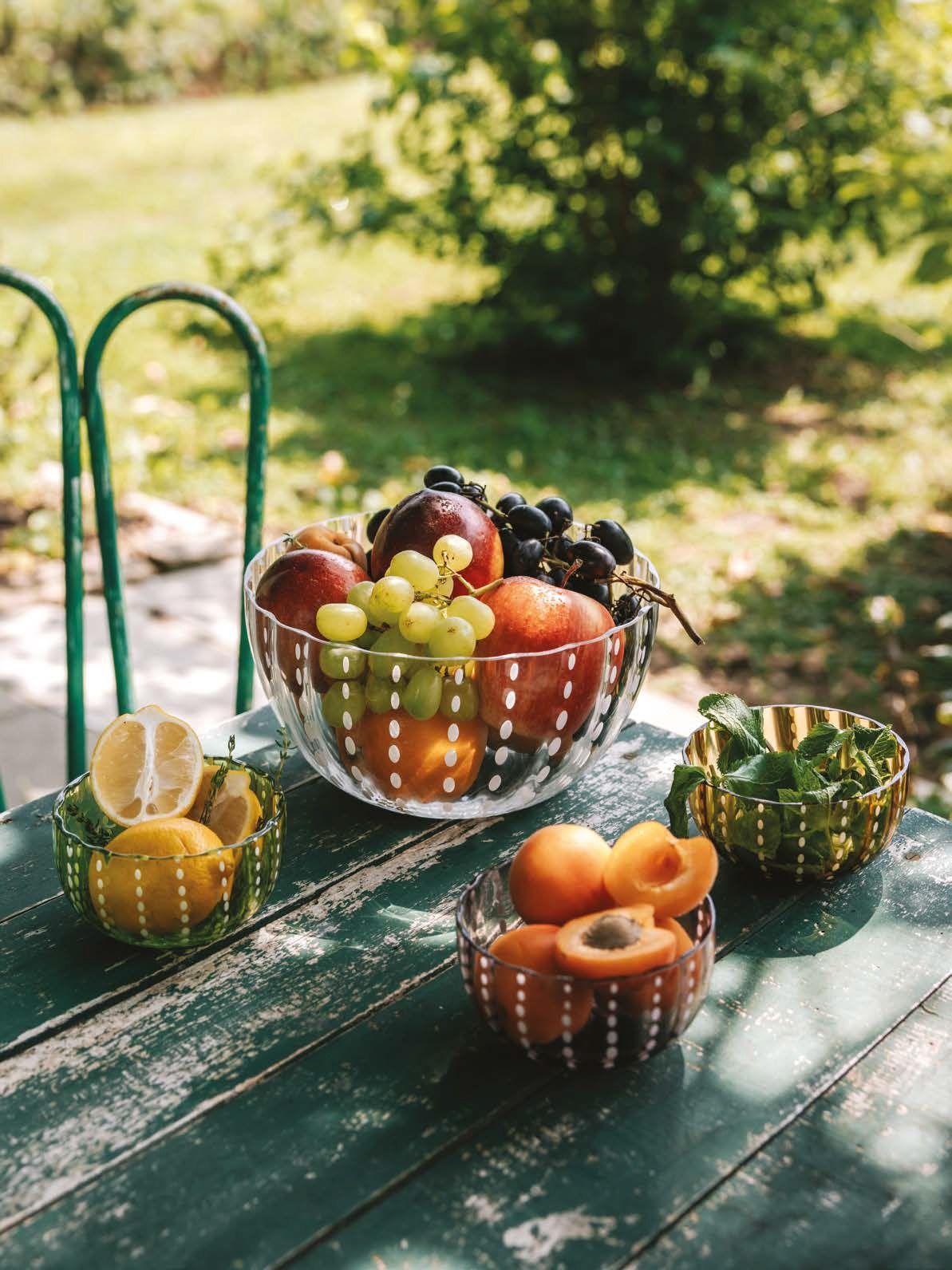 Ciotole di vetro piene di frutta su un tavolo da picnic verde e soleggiato all'aperto