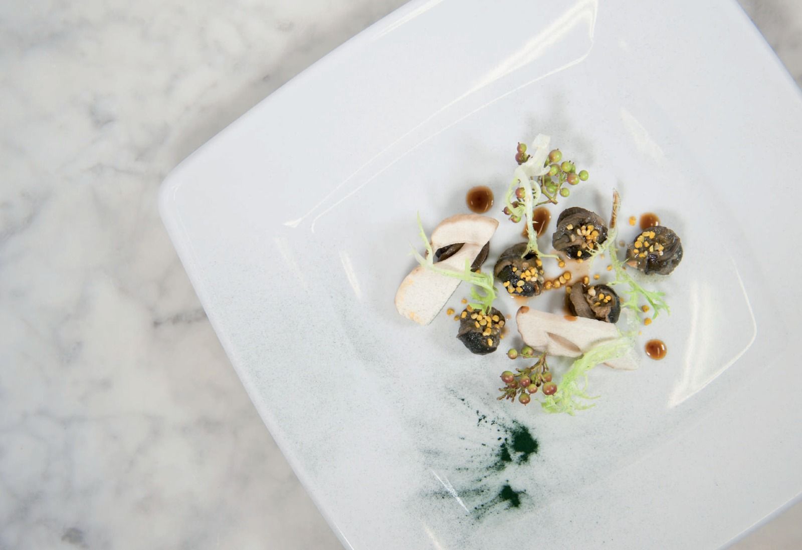 Dessert gourmet impiattato con panna, frutti di bosco ed erbe aromatiche su un piatto bianco adagiato su una superficie di marmo.