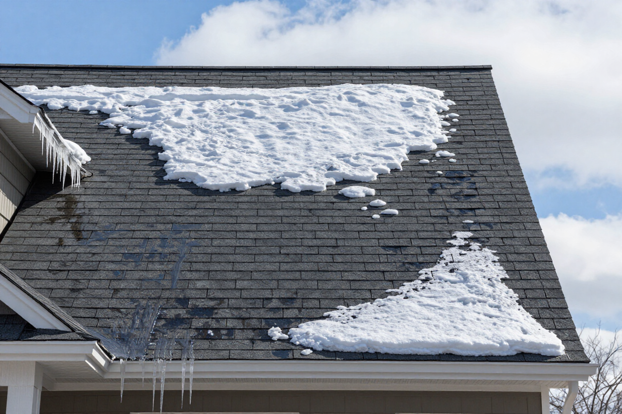 Snow patches on a dark shingled roof