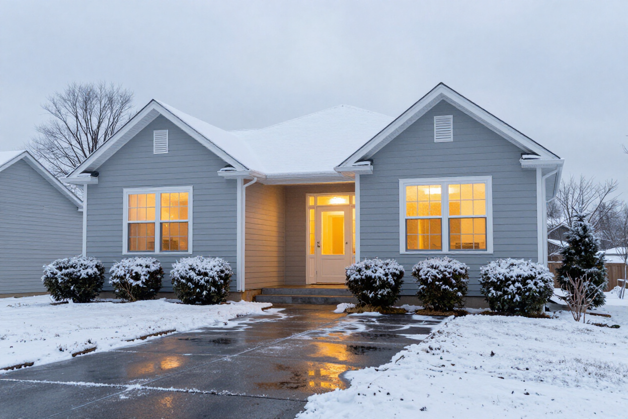 Snow-covered gray house with warm lights glowing from windows