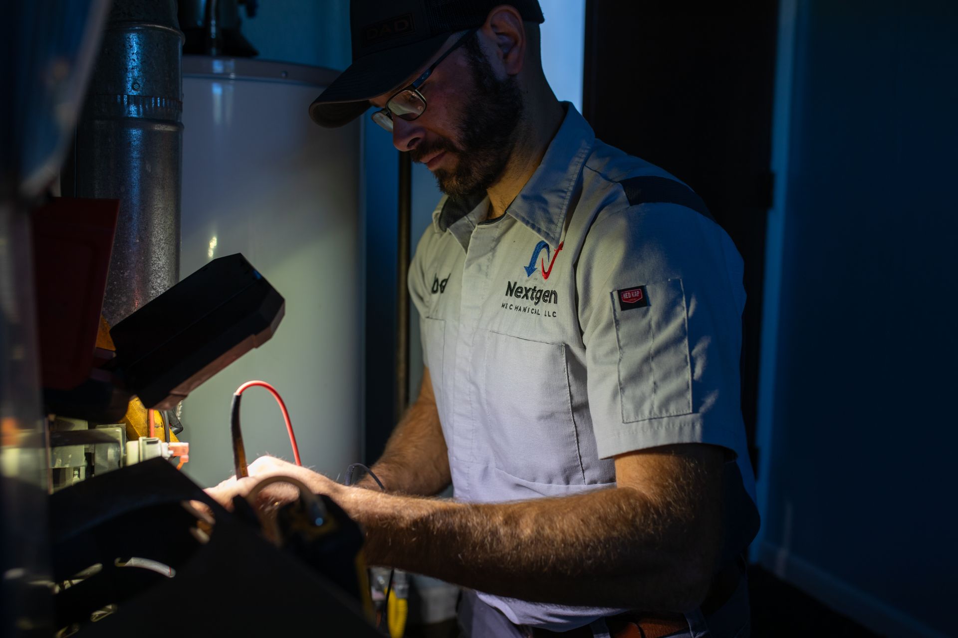 Plumber in uniform inspecting equipment with a light.