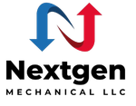 Logo for Nextgen Mechanical LLC featuring a blue downward arrow and a red upward arrow forming an