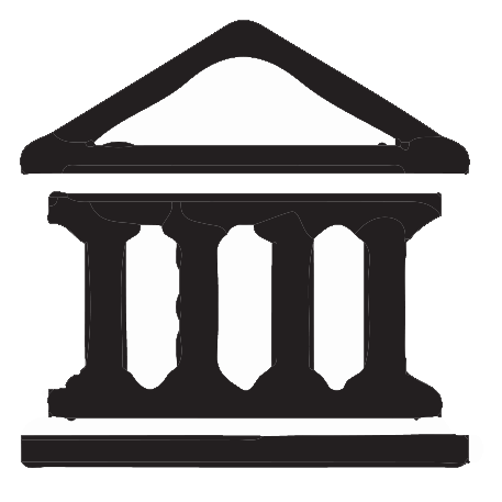 A black and white silhouette of a building with columns.