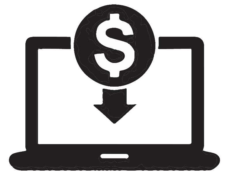 A laptop with a dollar sign and an arrow pointing down.