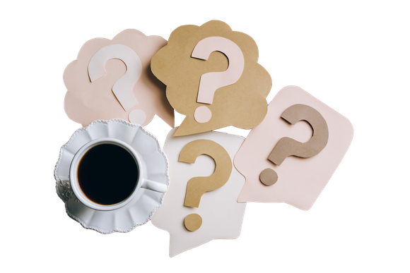 A cup of coffee is surrounded by question marks and speech bubbles.