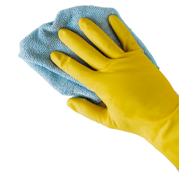 A hand wearing yellow gloves is holding a blue cloth