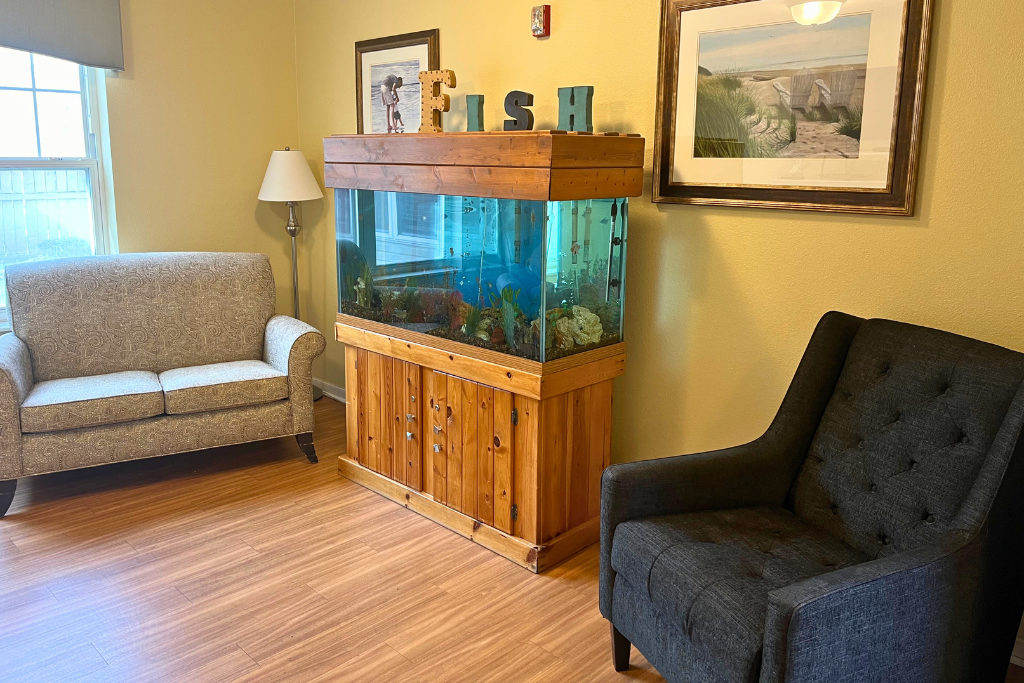 Cozy waiting room with aquarium, sofa, armchair, lamp, and framed wall art