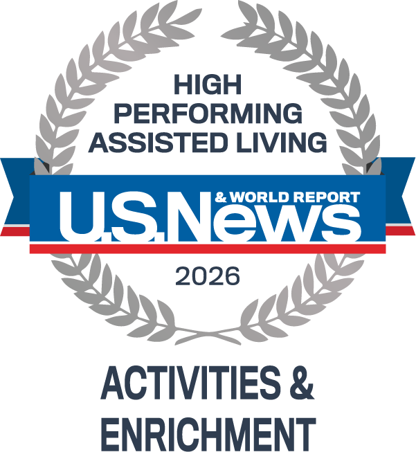 U.S. News & World Report High Performing Senior Living badge with gray laurel wreath and blue ribbon logo