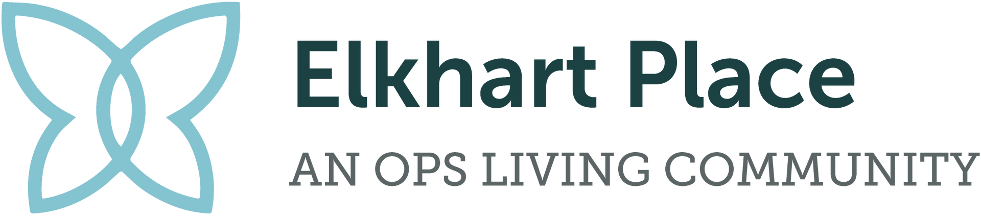 Elkhart Place logo with teal butterfly-like icon and gray text, “An OPS Living Community”