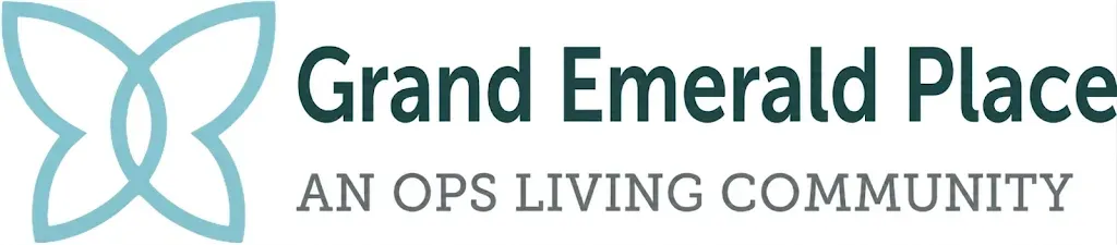 Grand Emerald Place logo with teal abstract flower icon and gray text on white background