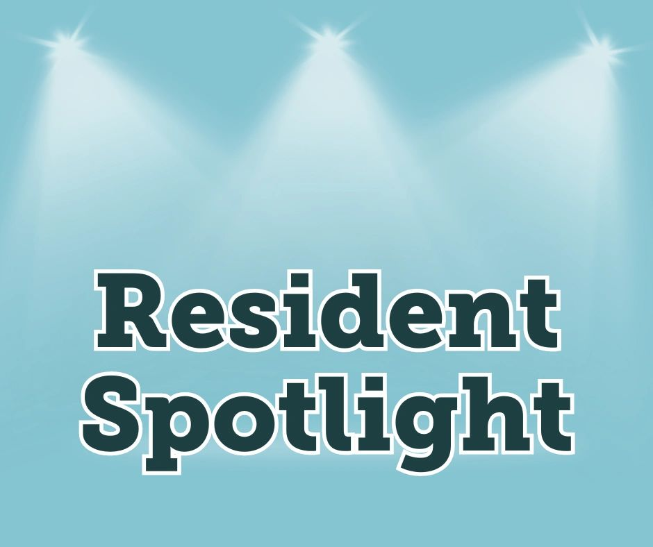 Resident Spotlight text on a light blue background with spotlight beams above