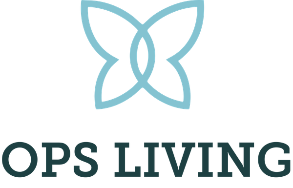 OPS LIVING logo with a light blue butterfly icon above dark green text