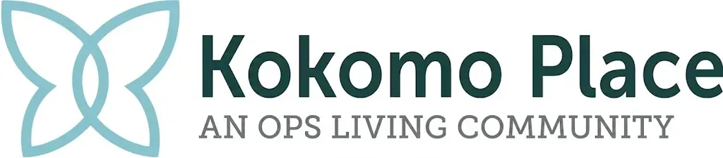 Kokomo Place logo with teal abstract flower icon and green text, “An OPS Living Community” tagline