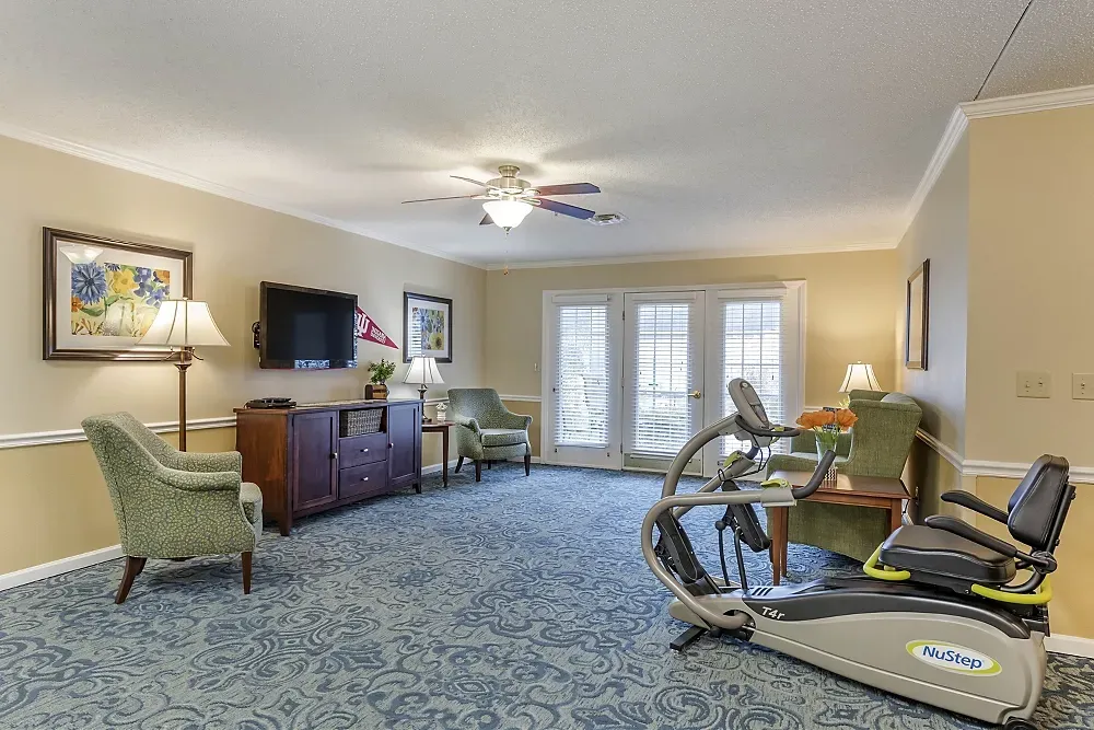 Spacious living room with patterned carpet, furniture, TV, and exercise equipment near French doors