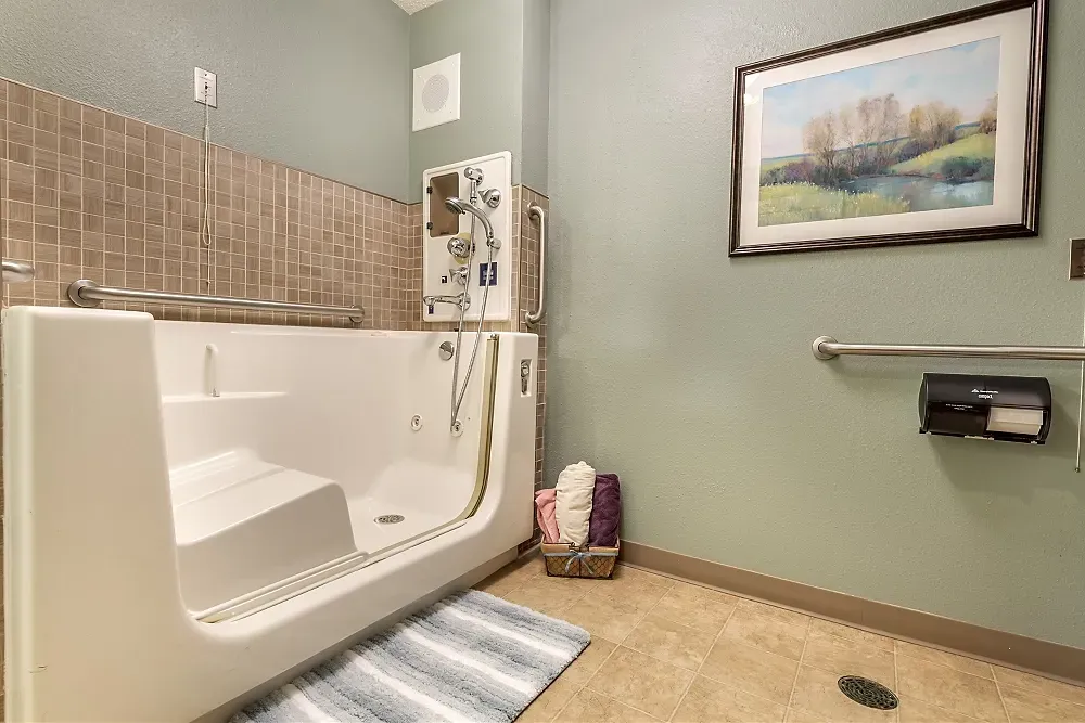 Accessible bathroom with walk-in tub, beige tiles, green walls, and a framed landscape painting.