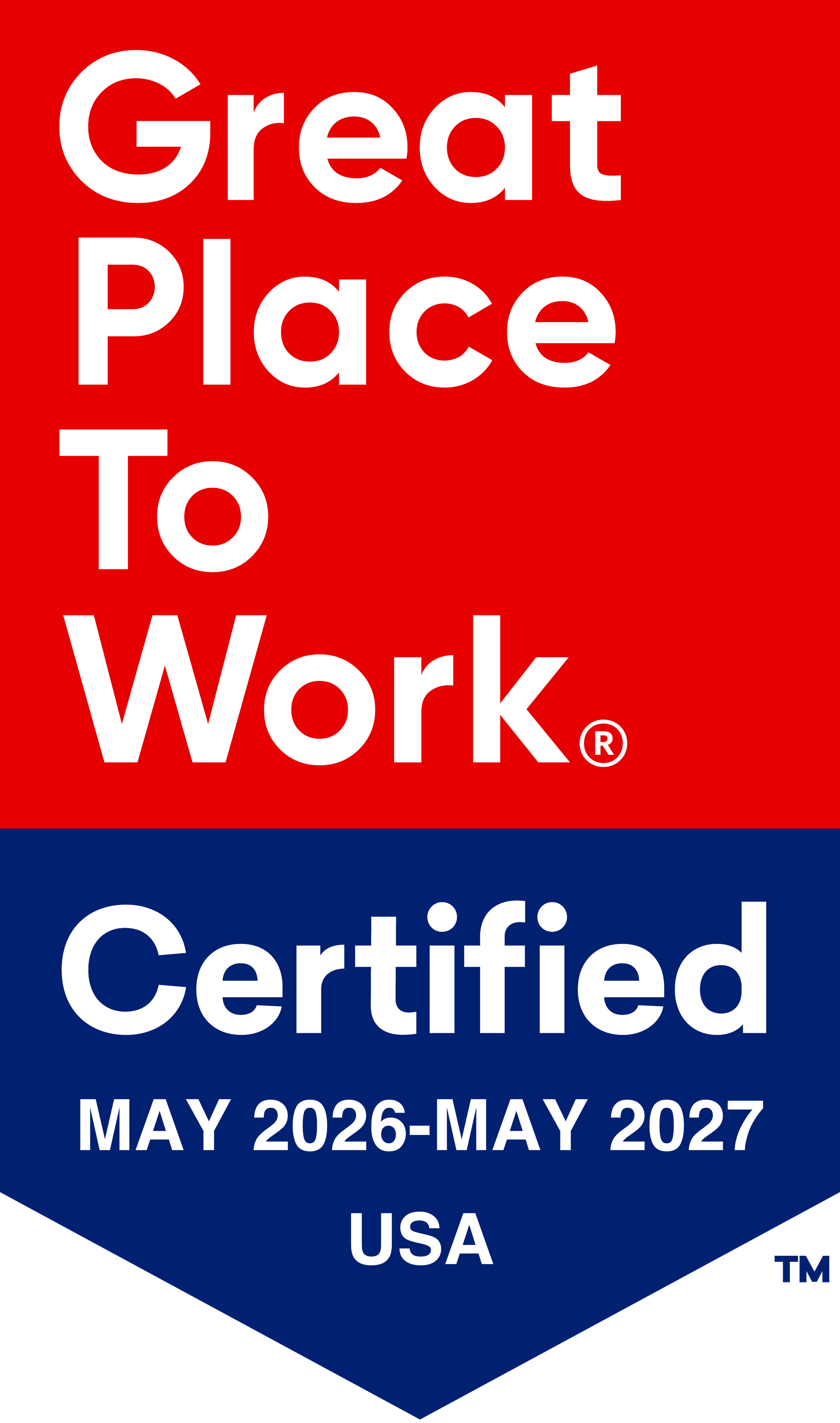 Great Place To Work certified badge, May 2025–May 2026, red and blue logo with text