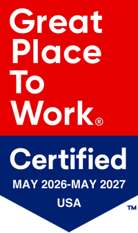 Great Place To Work certified badge, blue and red, May 2025 - May 2026
