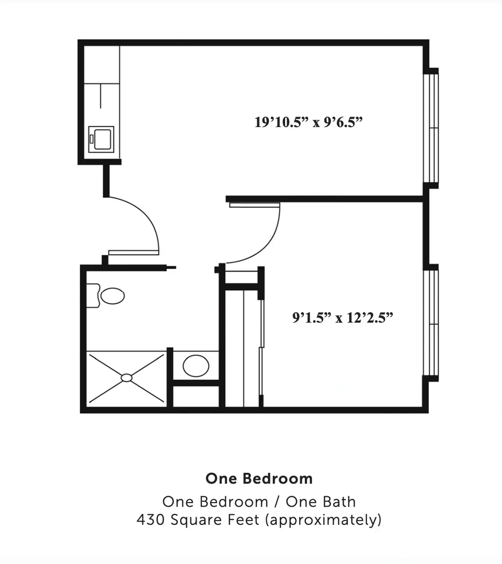 One-bedroom apartment floor plan with living area, bedroom, bath, and closet labeled with dimensions