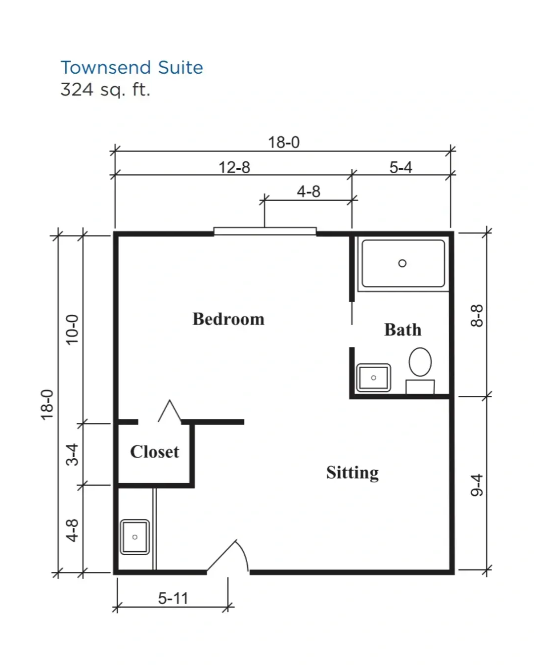Floor plan of a townhouse suite with bedroom, bath, closet, and sitting area dimensions.