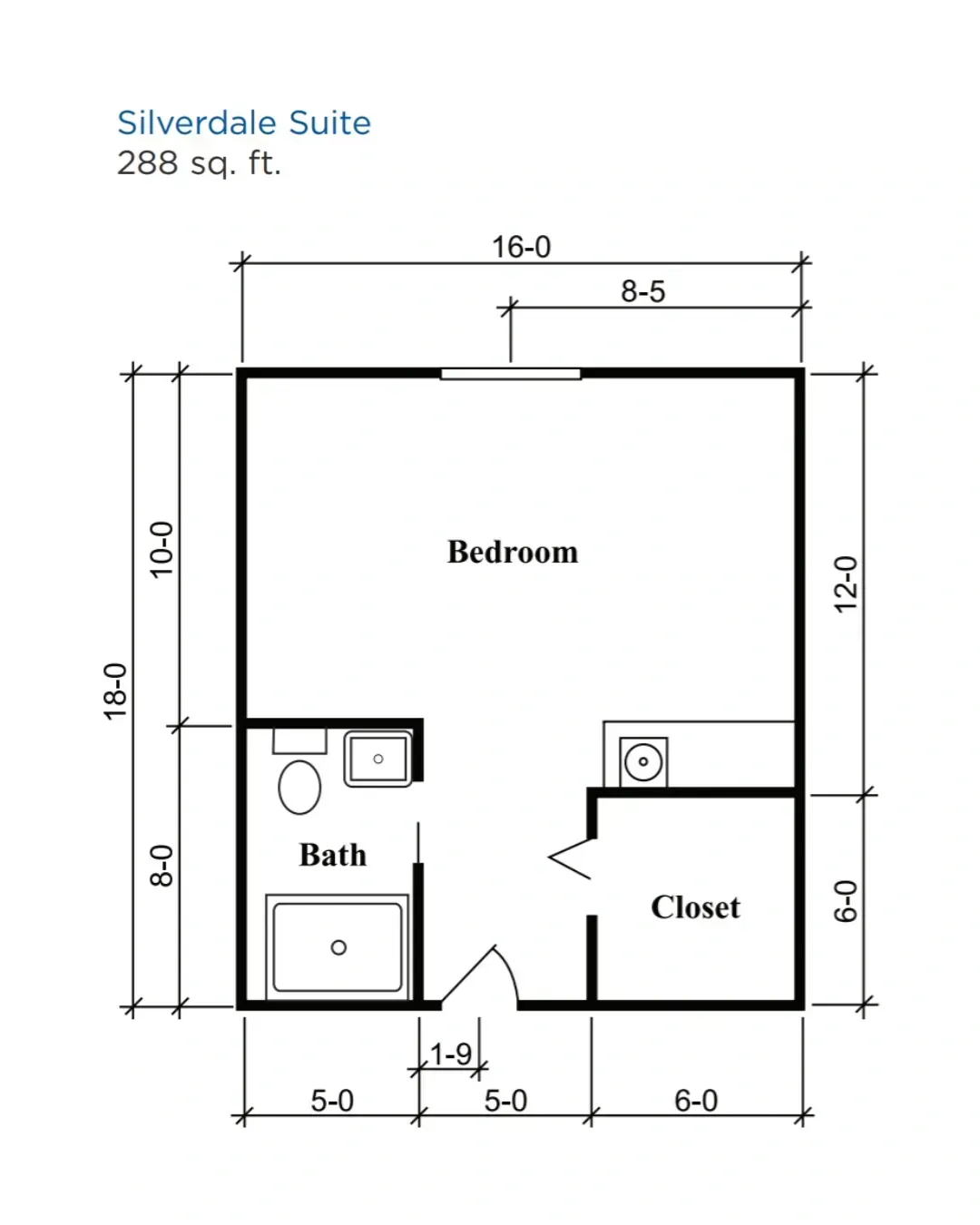 Floor plan of a Silverdale Suite, 288 sq. ft., showing bedroom, bath, and closet dimensions.