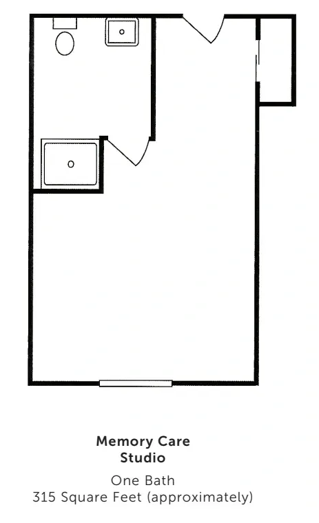 Memory Care Studio floor plan, one bath, 315 sq ft, with kitchenette and bathroom layout