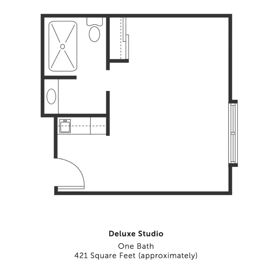Deluxe studio floor plan with one bath, 421 square feet approximately.