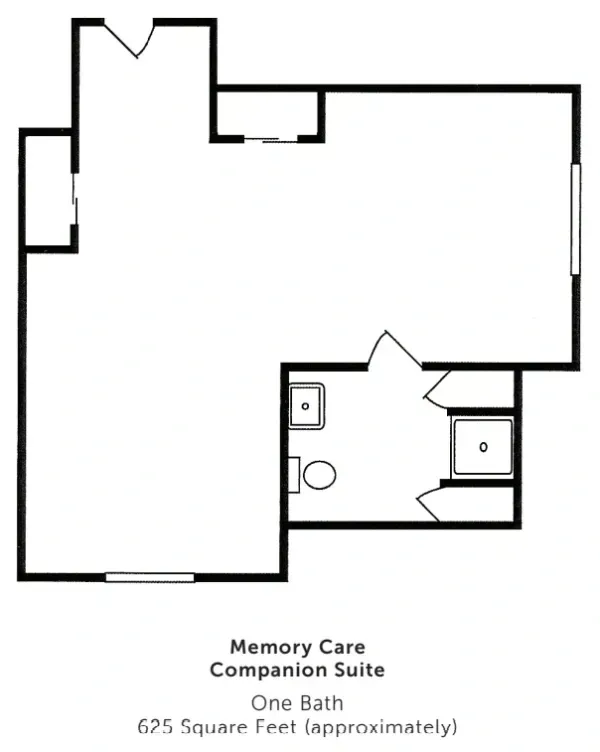 Floor plan of a one-bedroom Memory Care Companion Suite with bath.