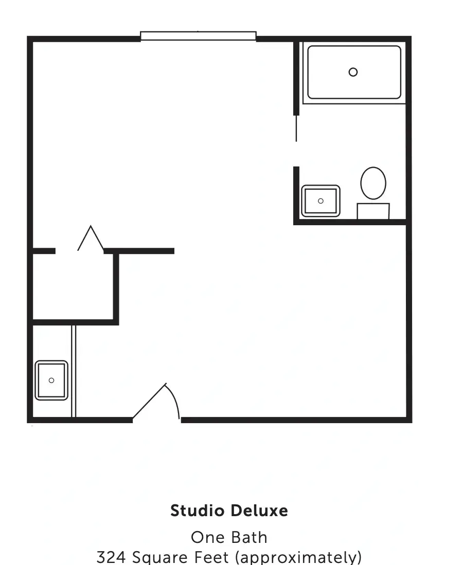 One-bedroom studio apartment floor plan with bathroom and kitchen area labeled 324 square feet.