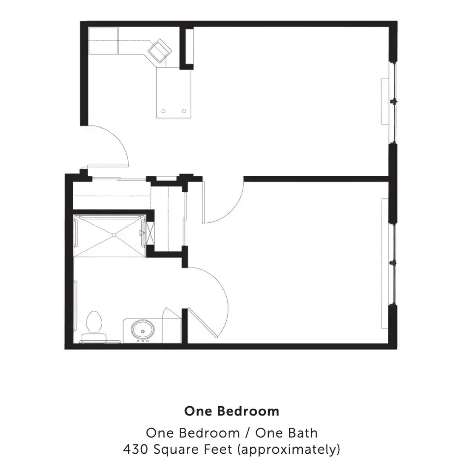 One-bedroom apartment floor plan with living area, kitchen, bath, and bedroom labeled below.