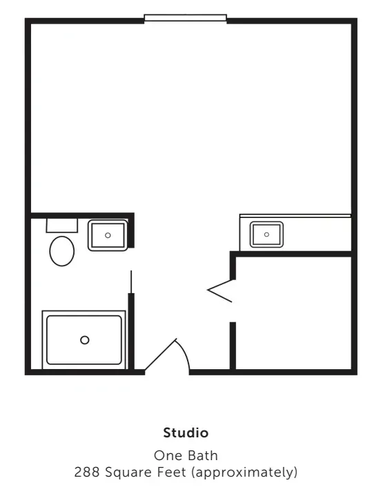 Top-down black-and-white floor plan of a one-bath apartment with sink, toilet, tub, and shower.