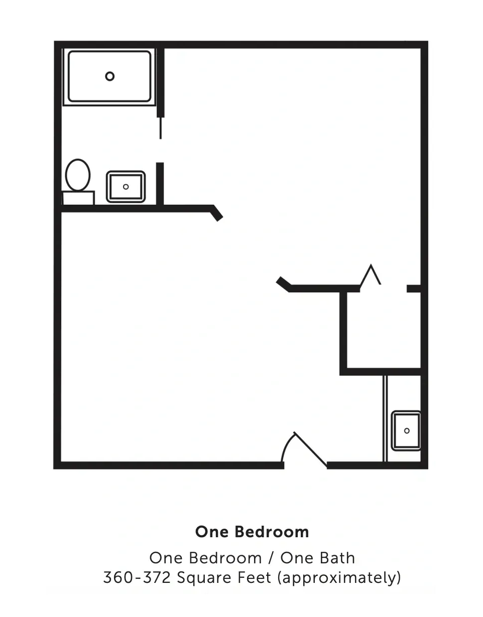 One-bedroom apartment floor plan with bath, kitchen, and living area