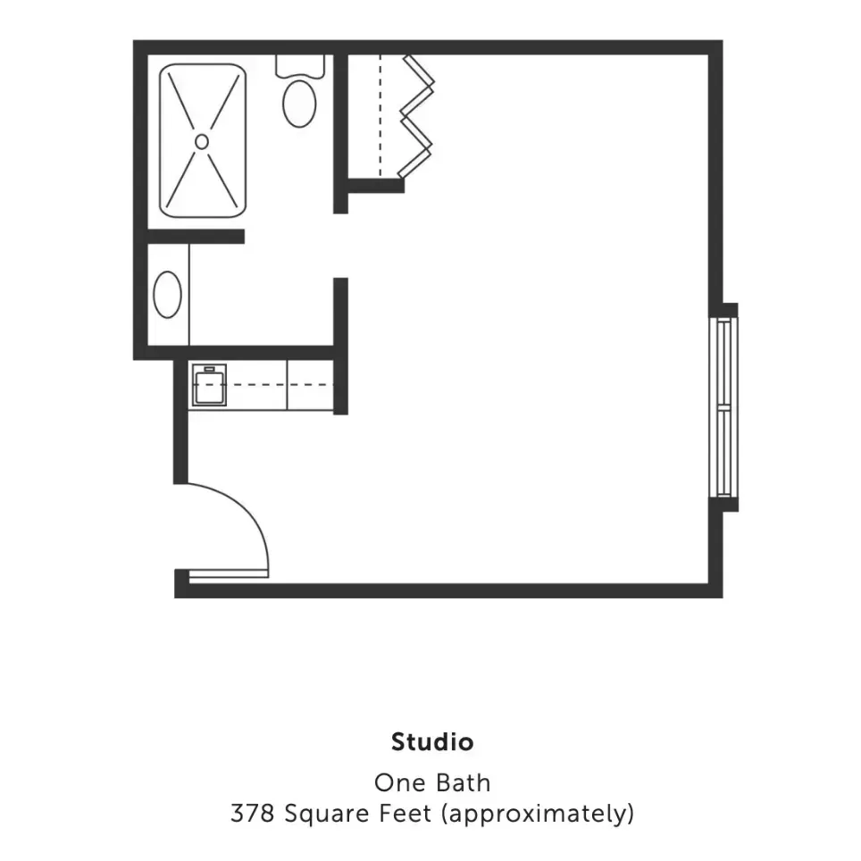 Studio apartment floor plan with one bath and 378 square feet noted below.