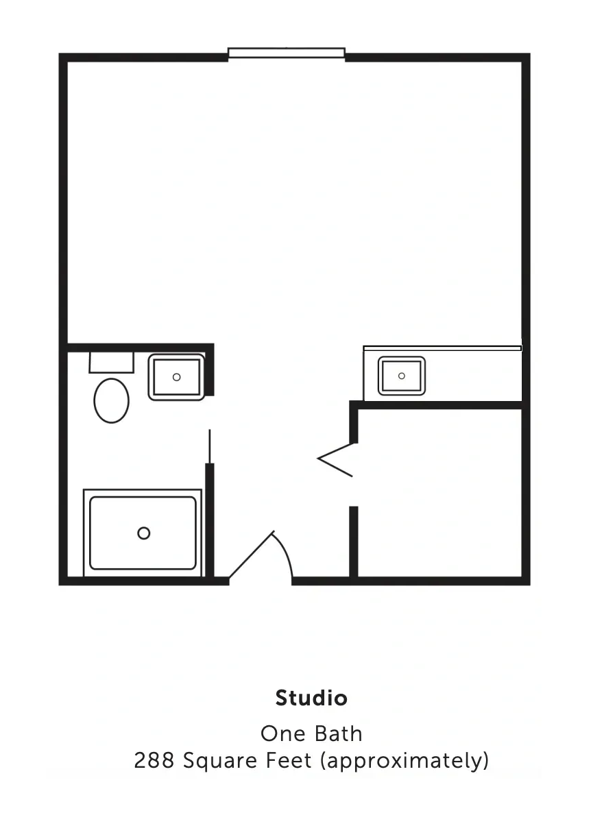 Studio bathroom floor plan, 288 square feet, showing toilet, sink, tub, and doorway layout