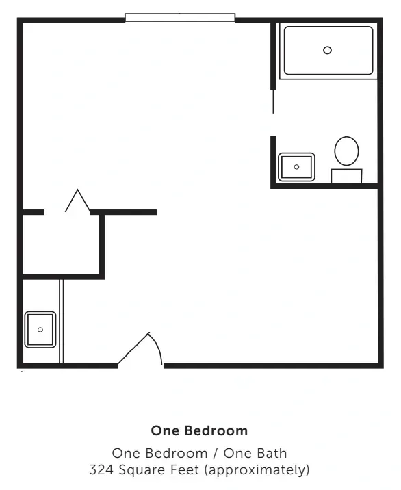 One-bedroom, one-bath floor plan with kitchen, bathroom, and closet layout.