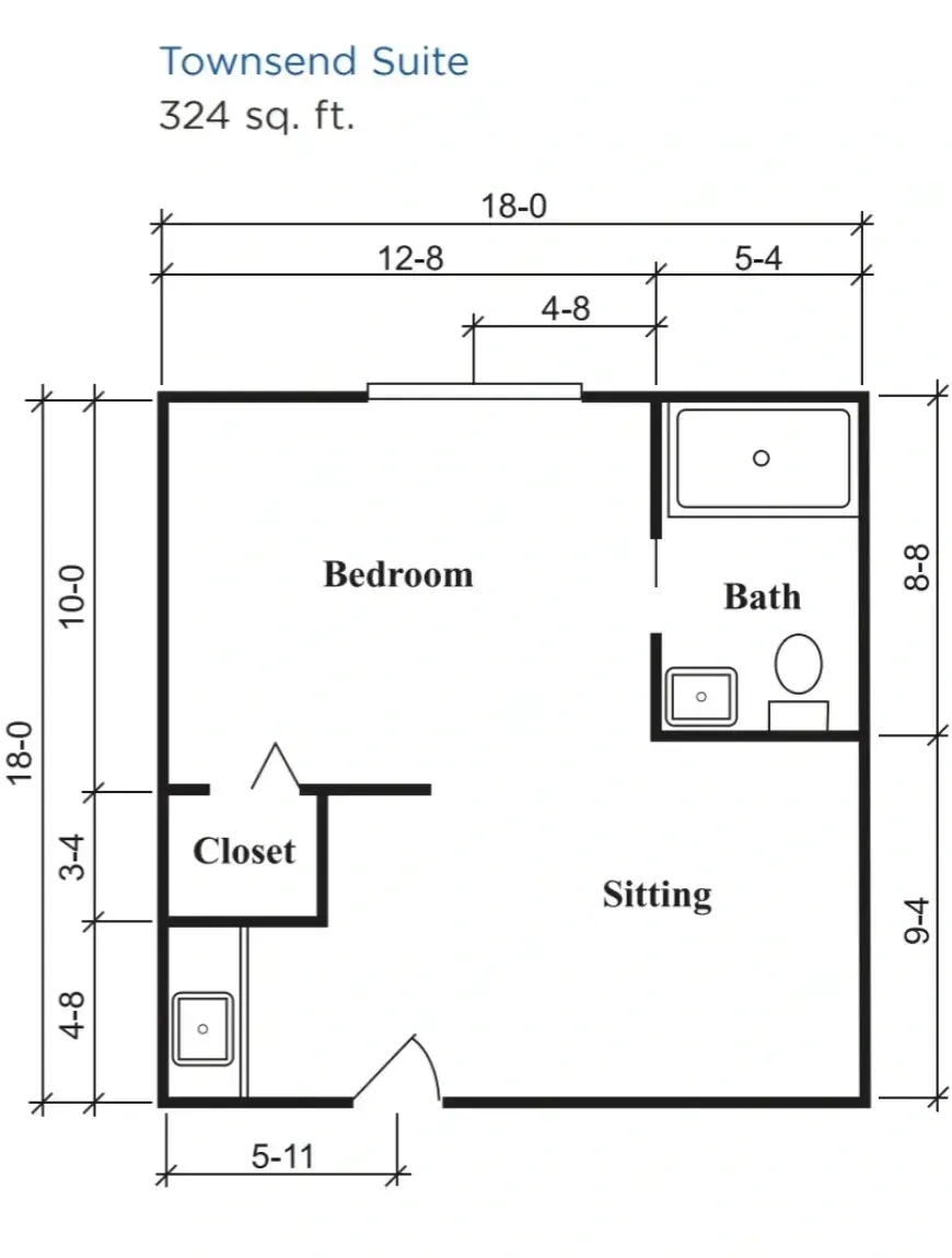 Floor plan of a townhouse suite showing bedroom, bath, closet, and sitting area with measurements.