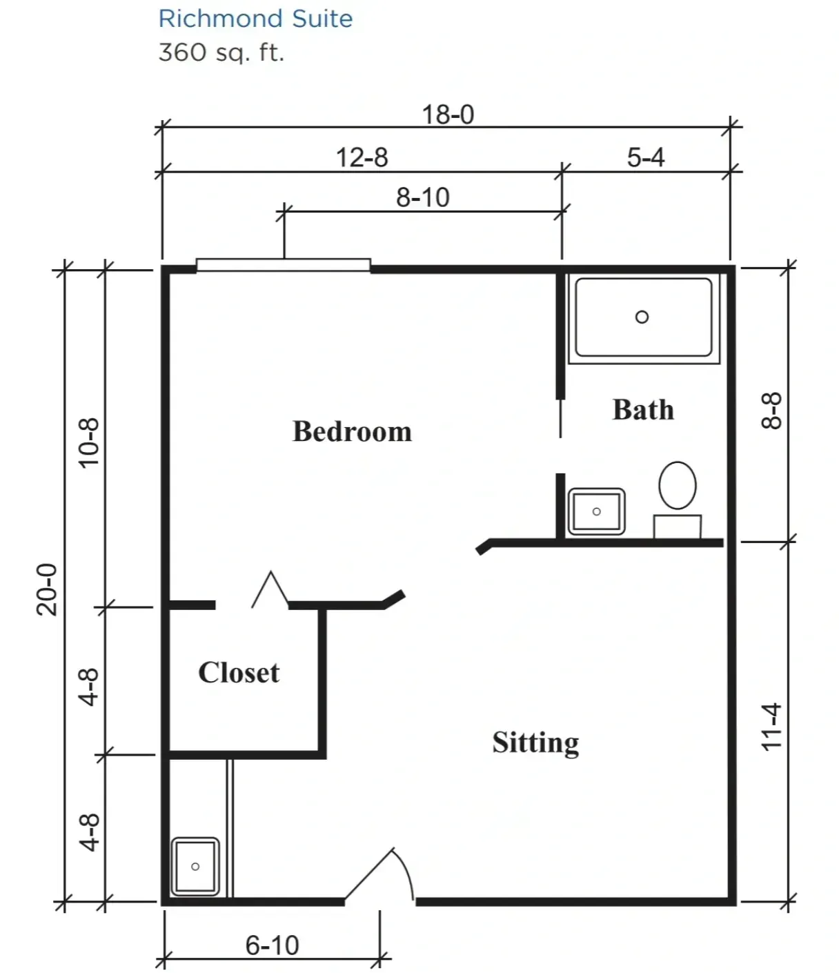 Floor plan of a Richmond Suite with bedroom, bath, closet, and sitting area labeled with dimensions.