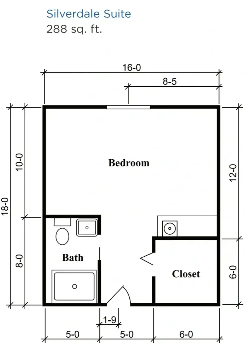 Floor plan of a Silversdale Suite bedroom with bath, closet, and dimensions marked.